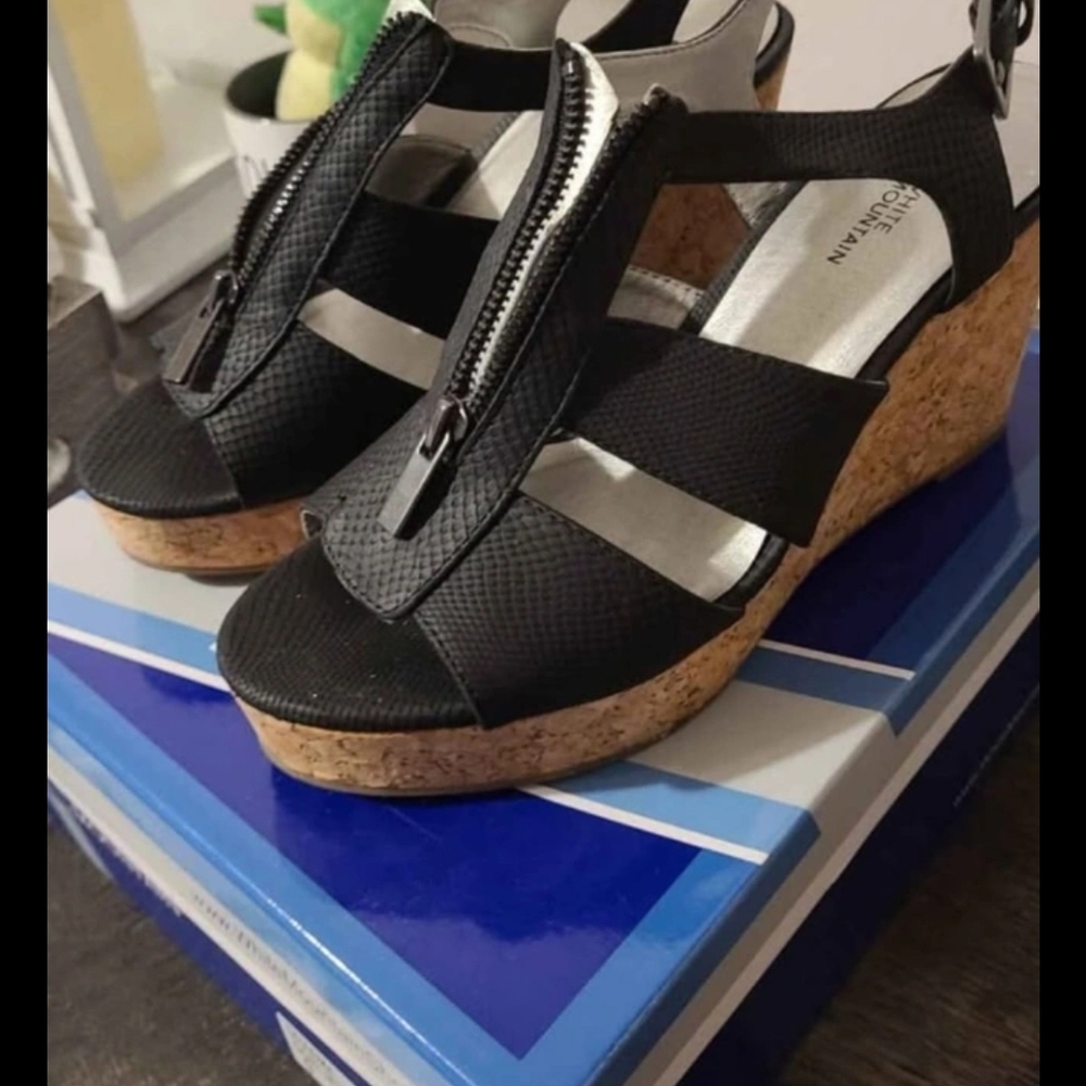 White Mountain Black Strappy Wedge Sandals